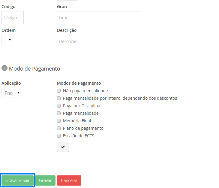 Interface de Edição/Adição de um Tipo de Curso