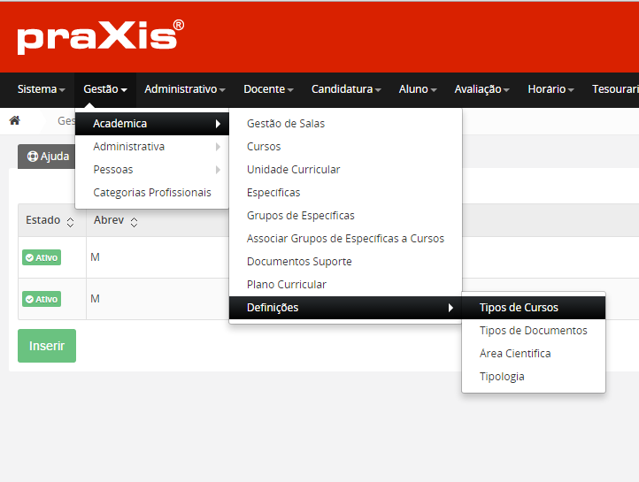 Aceder à Secção de Gestão de Tipos de Cursos