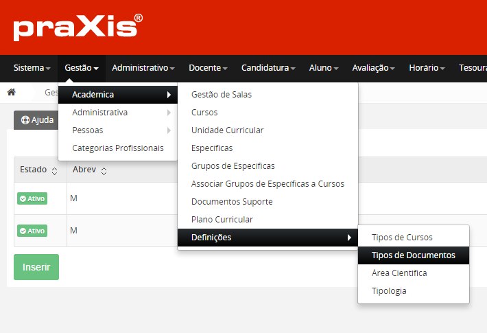 Aceder à Secção de Gestão de Tipos de Documentos