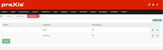 Interface Listagem de Específicas