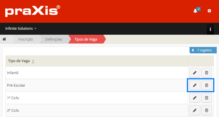 Interface da Gestão de Tipos de Vaga