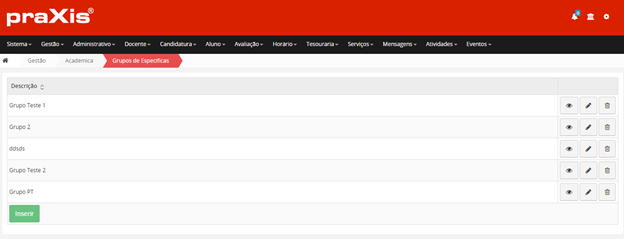 Interface Listagem de Grupos de Específicas