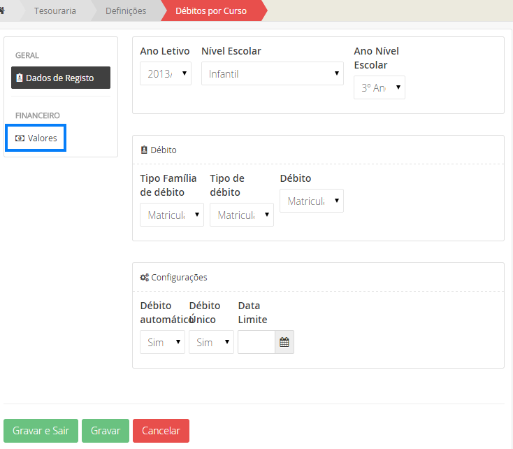 Interface de Edição de Tipos de Débitos I
