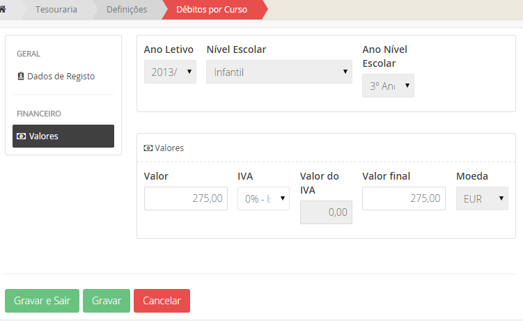 Interface de Edição de Tipos de Débitos II